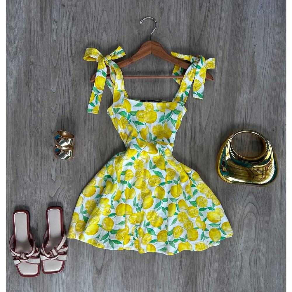 ZARA Lemon Print Linen Blend Mini Dress NWT Amalfi Coast Vacation Dress M - Picture 16 of 16